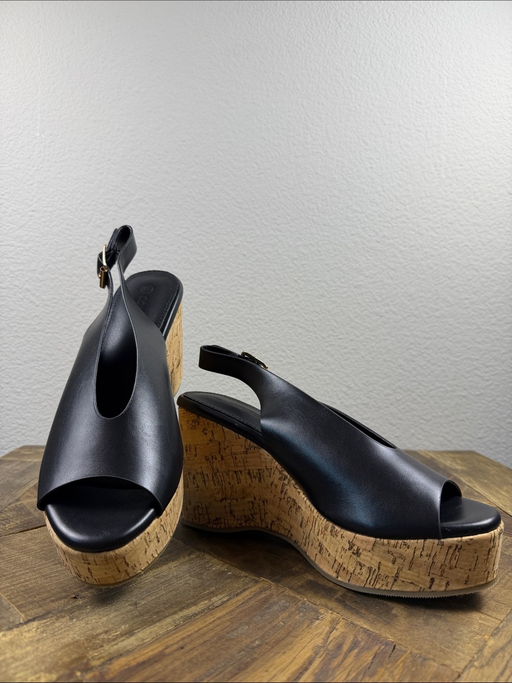 Size 8.5 Coutgo Black Leather Cork Wedge Slingback - Women's Wedges